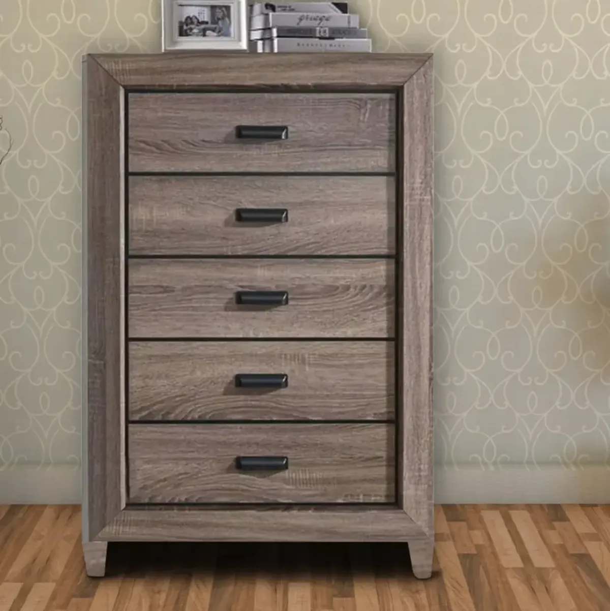 Five Drawer Chest With Scalloped Feet In Weathered Gray Grain Finish-Benzara