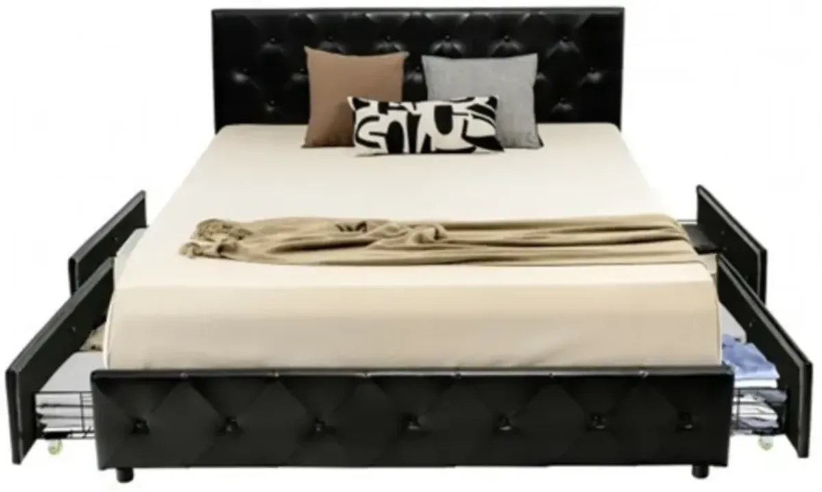 PU Leather Button Tufted Platform Bed with 4 Storage Drawers