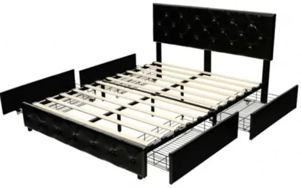 PU Leather Button Tufted Platform Bed with 4 Storage Drawers