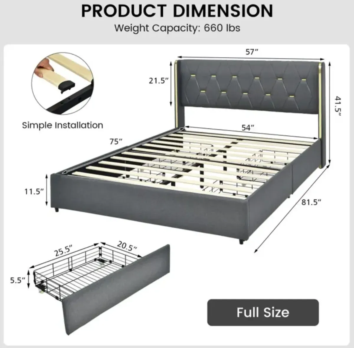 Hivvago Upholstered Bed Frame with 4 Storage Drawers