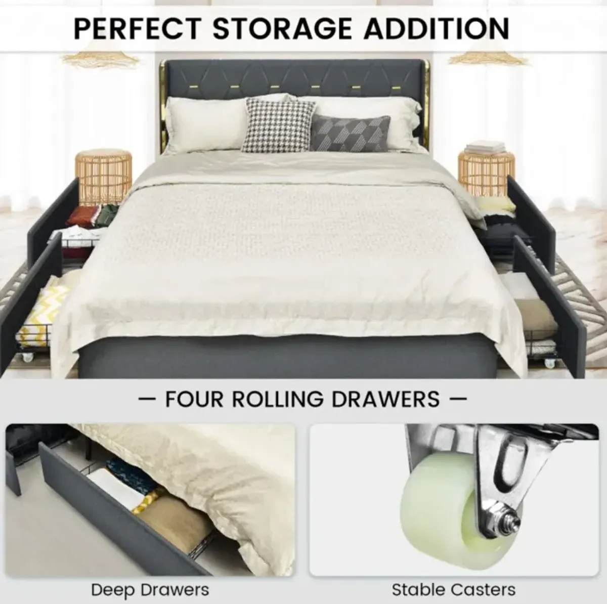 Hivvago Upholstered Bed Frame with 4 Storage Drawers