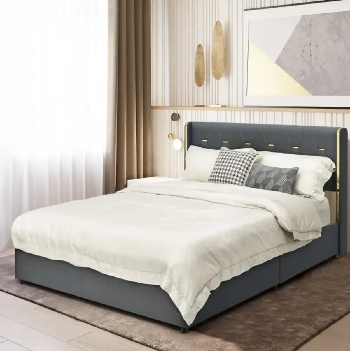 Hivvago Upholstered Bed Frame with 4 Storage Drawers