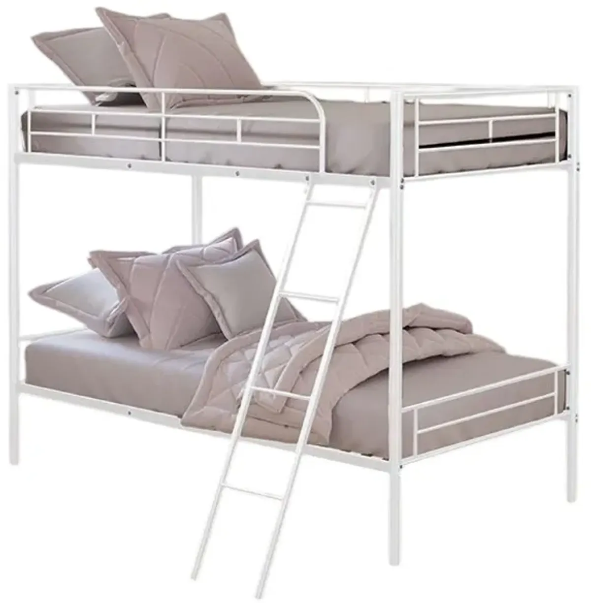Cet Twin Over Twin Bunk Bed, White Metal Frame, Attached Angled Ladder - Benzara