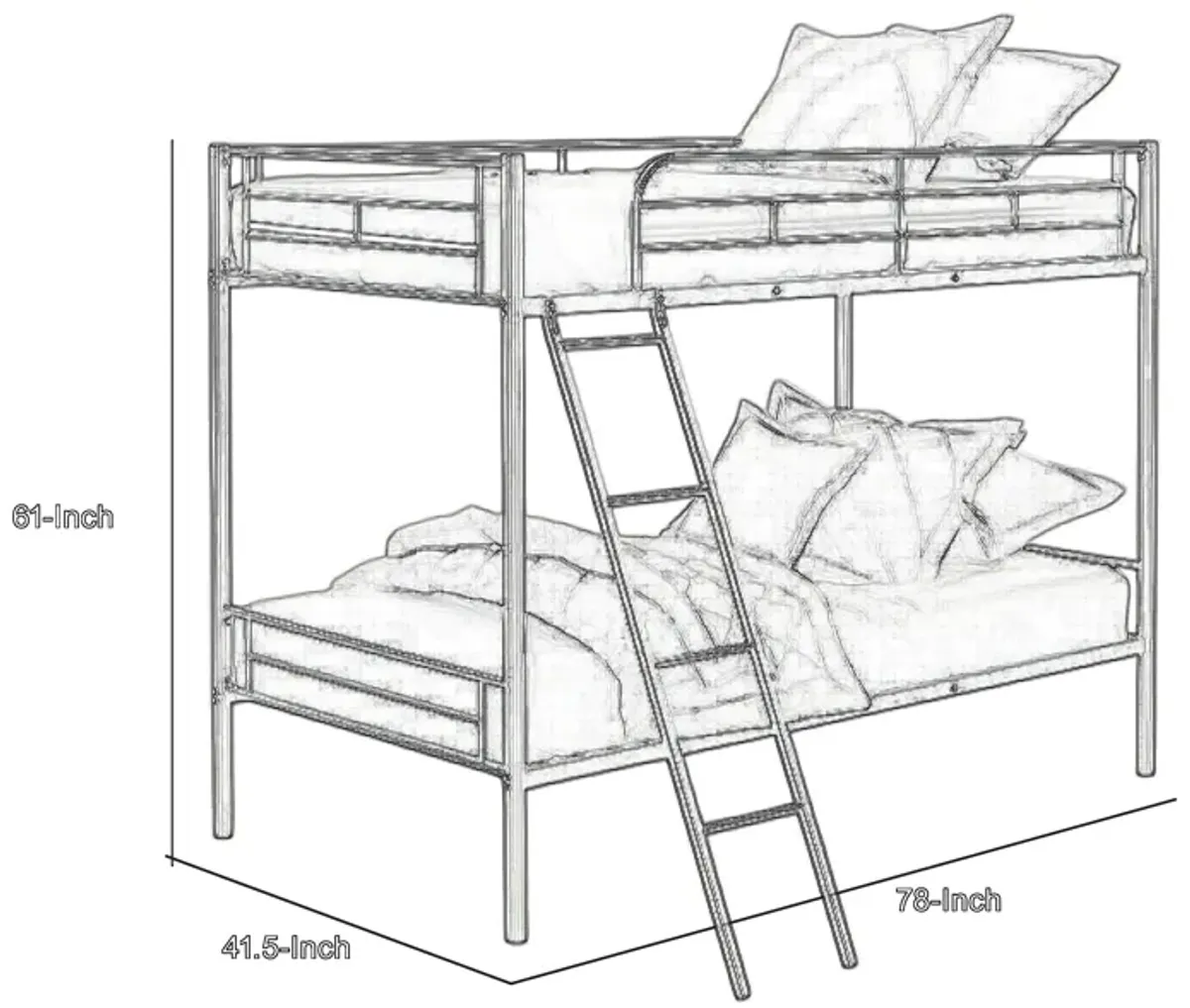 Cet Twin Over Twin Bunk Bed, White Metal Frame, Attached Angled Ladder - Benzara