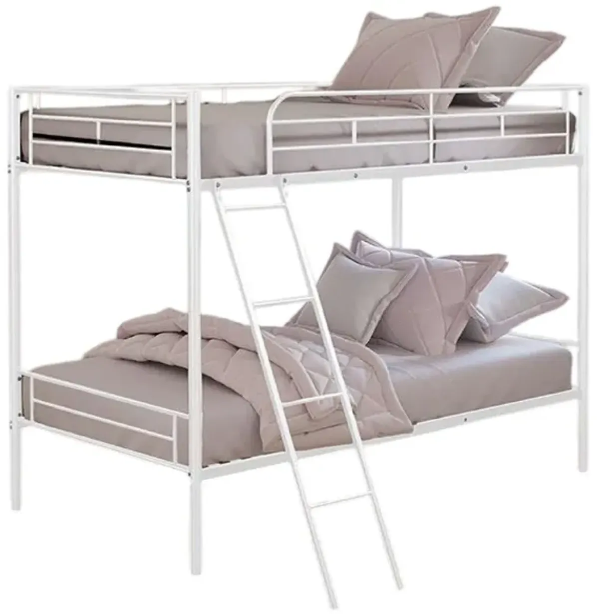 Cet Twin Over Twin Bunk Bed, White Metal Frame, Attached Angled Ladder - Benzara
