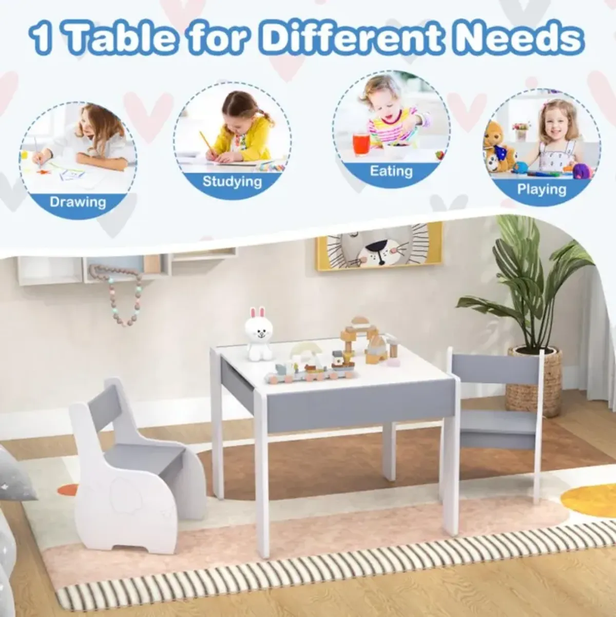 Hivvago 4-in-1 Wooden Activity Kids Table and Chairs with Storage and Detachable Blackboard