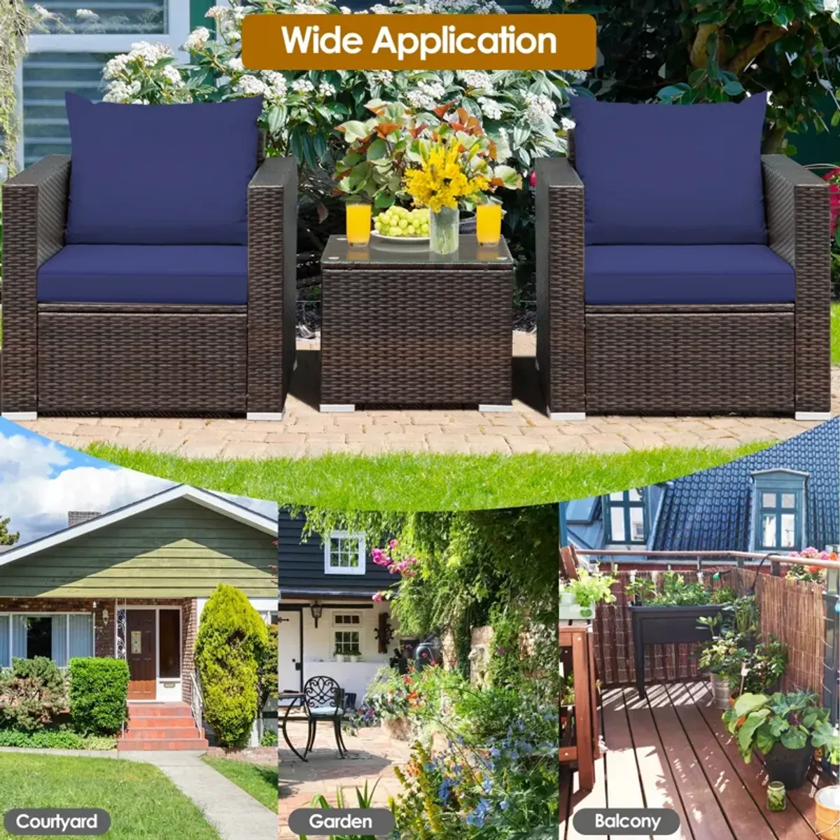 3 Pcs Patio Conversation Rattan Furniture Set with Cushion