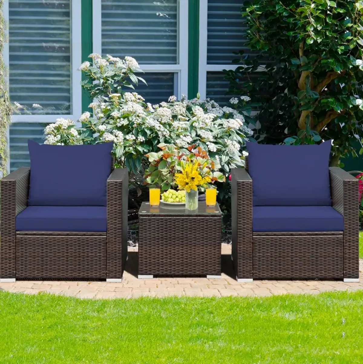 3 Pcs Patio Conversation Rattan Furniture Set with Cushion