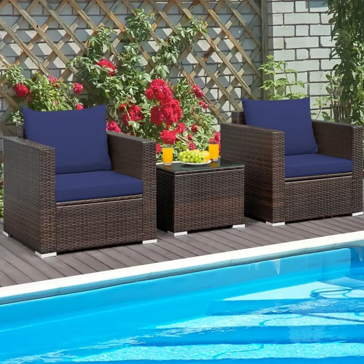 3 Pcs Patio Conversation Rattan Furniture Set with Cushion