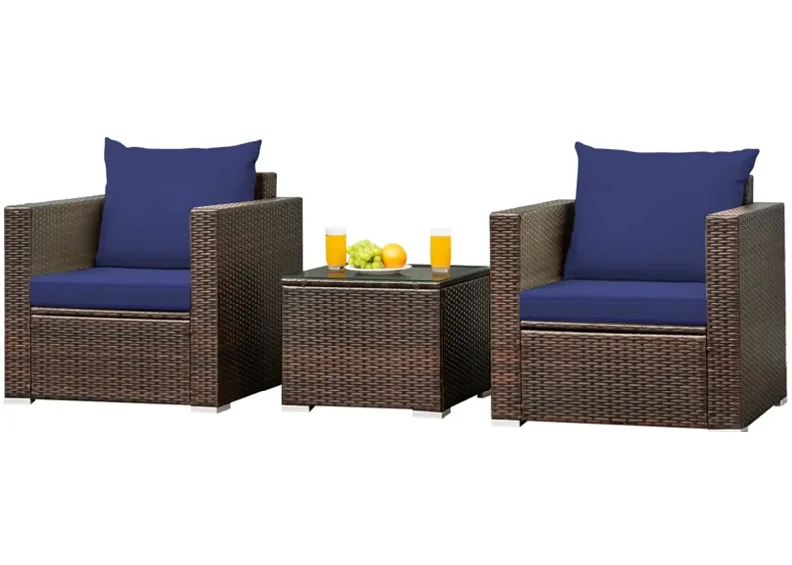 3 Pcs Patio Conversation Rattan Furniture Set with Cushion