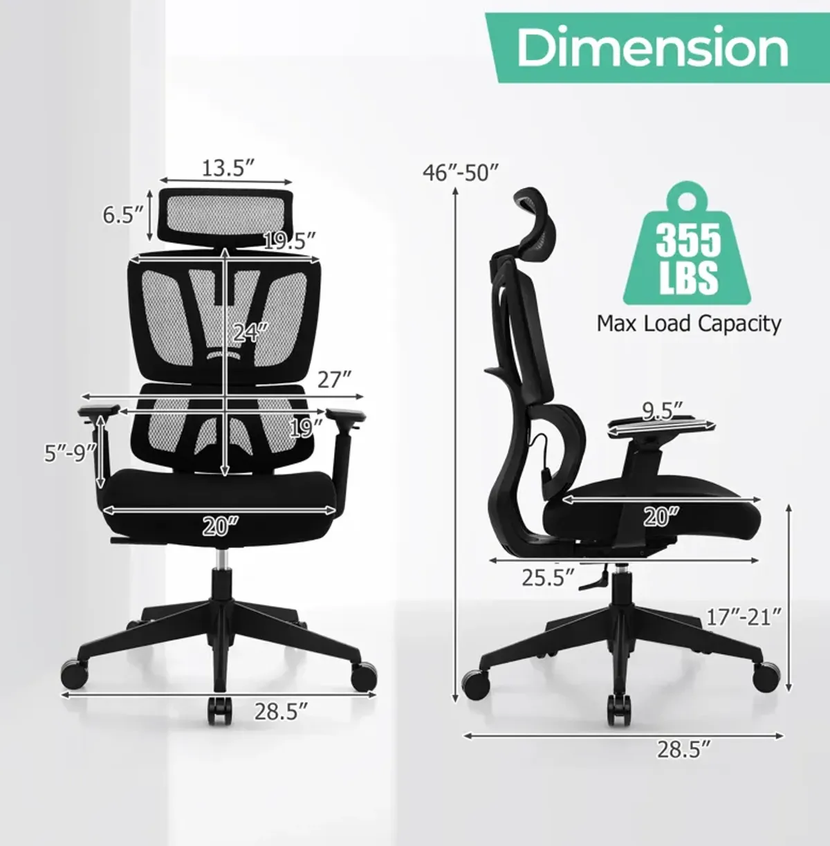 Ergonomic Office Chair with N Type Lumbar Support and Adjustable Headrest-Black