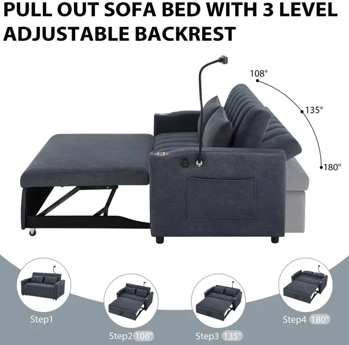 Merax Convertible Sofa Bed Loveseat with 3 USB Ports