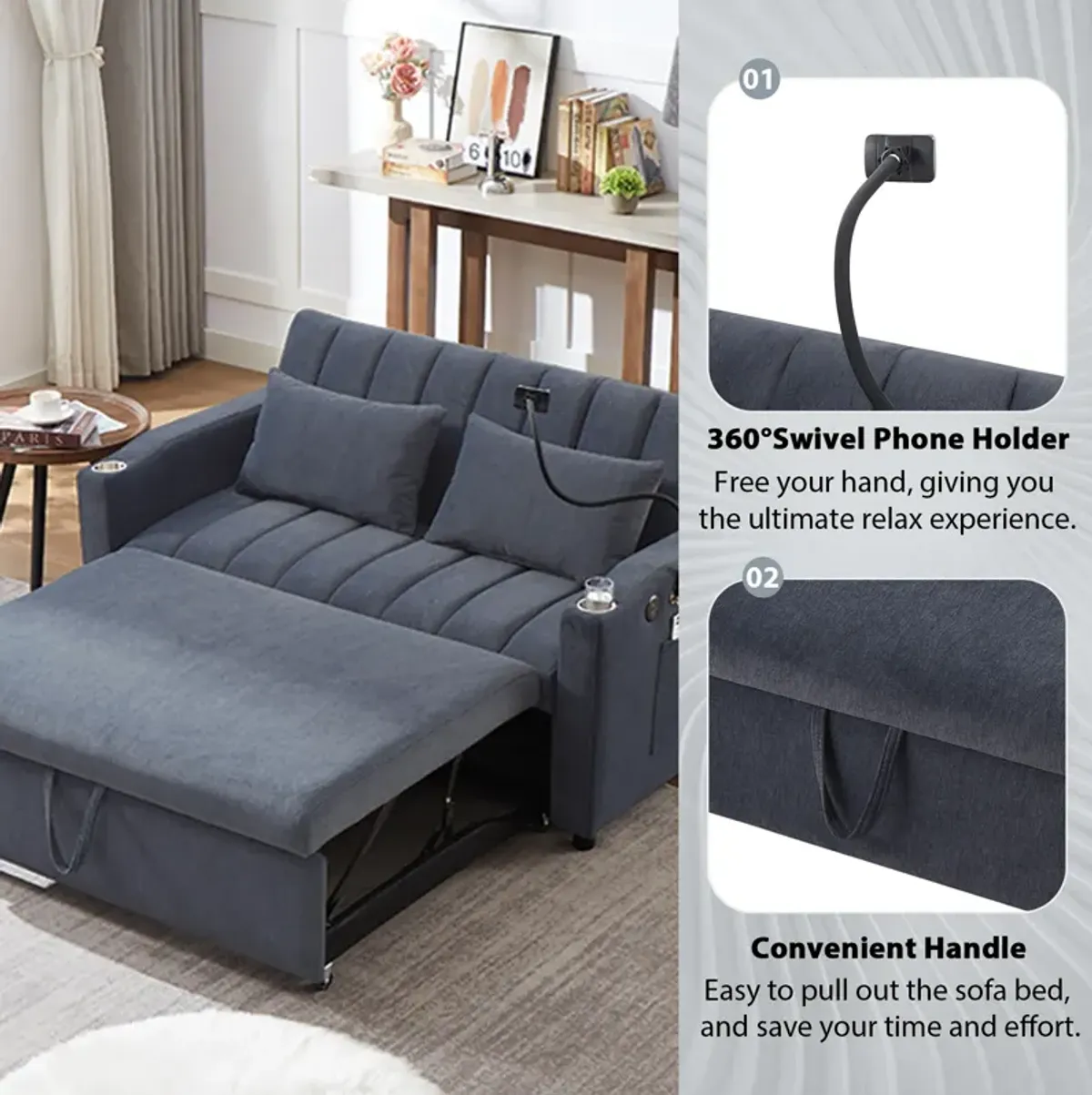 Merax Convertible Sofa Bed Loveseat with 3 USB Ports