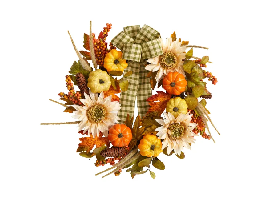 HomPlanti 24" Fall Pumpkin, Sunflower Artificial Autumn Wreath with Decorative Ribbon