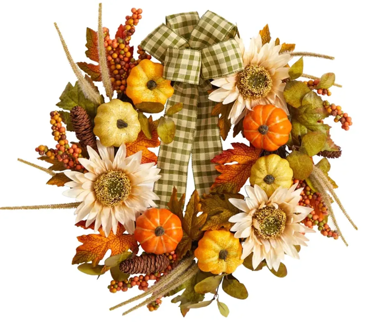 HomPlanti 24" Fall Pumpkin, Sunflower Artificial Autumn Wreath with Decorative Ribbon