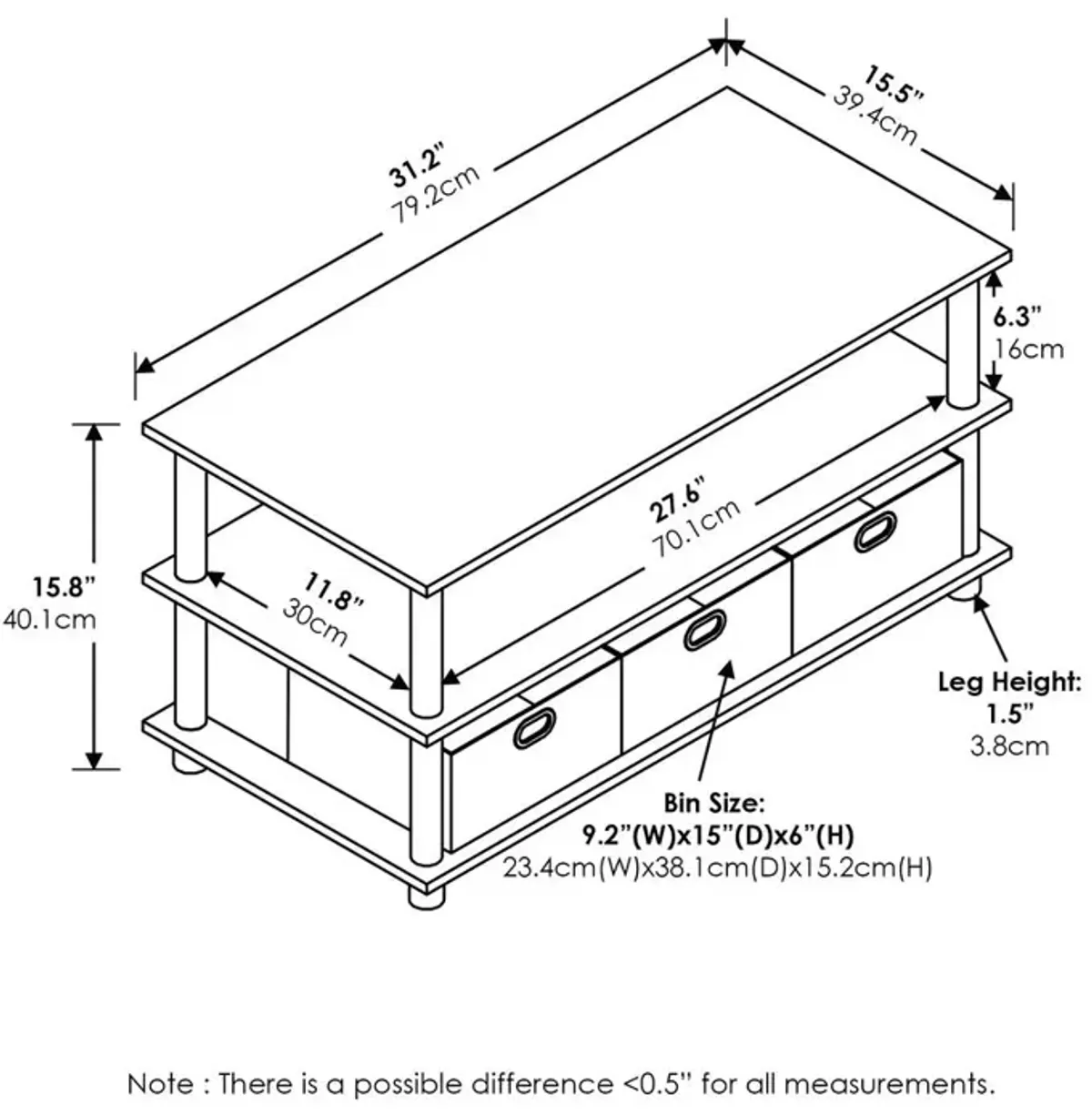 Furinno Frans Turn-N-Tube Coffee Table with Bin Drawers, Black Oak/Black/Brown