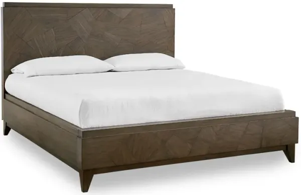 Dee Mahogany Wood Low Profile Queen Bed, Geometric Oat Brown - Benzara