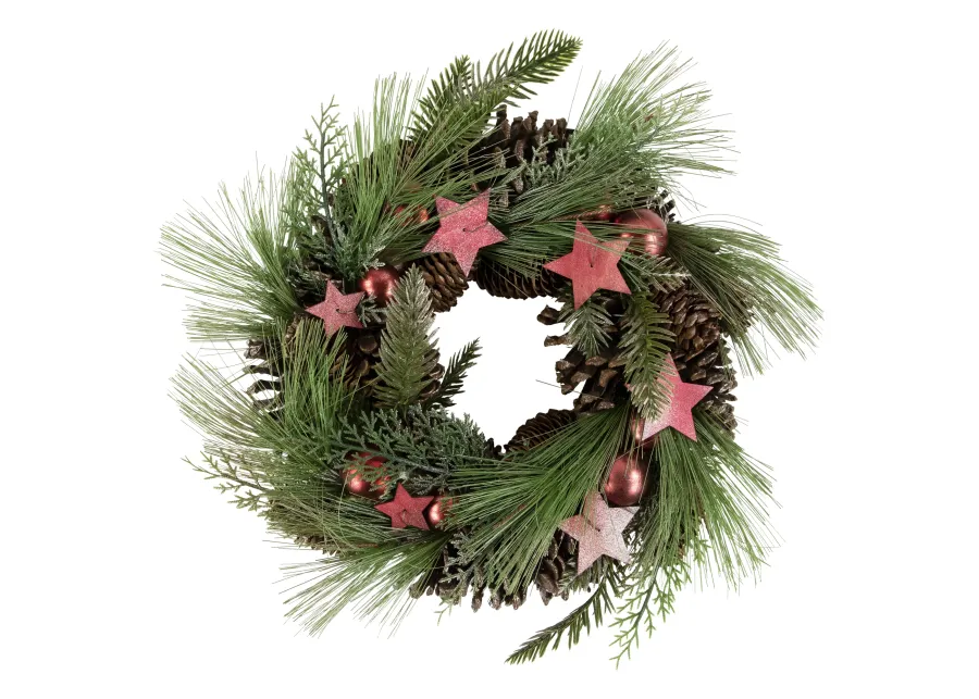 Red and Green Pine Needle  Pinecone and Star Christmas Wreath  13.5-Inch  Unlit