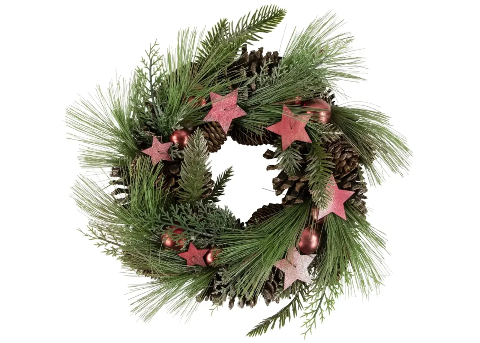 Red and Green Pine Needle  Pinecone and Star Christmas Wreath  13.5-Inch  Unlit