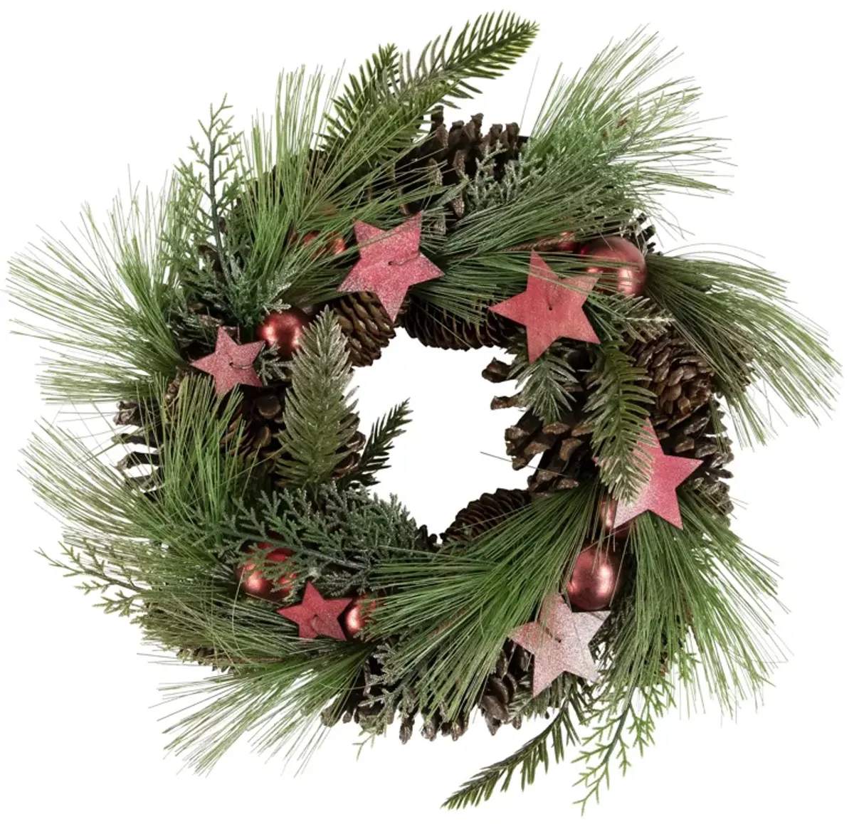 Red and Green Pine Needle  Pinecone and Star Christmas Wreath  13.5-Inch  Unlit