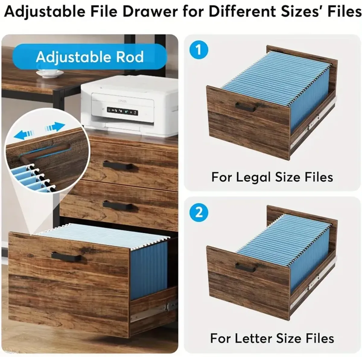 63 Inch Computer Desk with File Drawer Cabinet, Ergonomic Office Desk with Monitor Stand, Computer Table with Printer Space, Wood PC Table Workstation Desk for Home Office