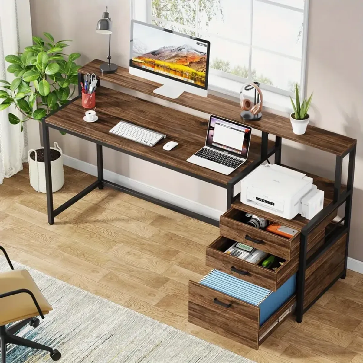 63 Inch Computer Desk with File Drawer Cabinet, Ergonomic Office Desk with Monitor Stand, Computer Table with Printer Space, Wood PC Table Workstation Desk for Home Office