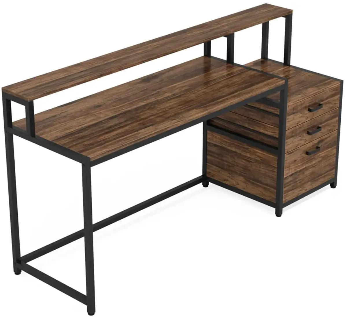 63 Inch Computer Desk with File Drawer Cabinet, Ergonomic Office Desk with Monitor Stand, Computer Table with Printer Space, Wood PC Table Workstation Desk for Home Office