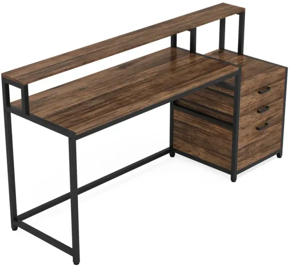 63 Inch Computer Desk with File Drawer Cabinet, Ergonomic Office Desk with Monitor Stand, Computer Table with Printer Space, Wood PC Table Workstation Desk for Home Office