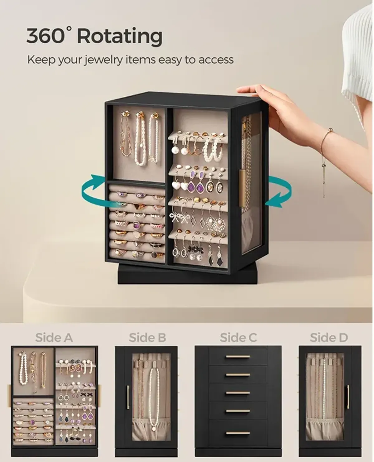 360° Rotating Jewelry Box with Multi-Layer Storage and Elegant Design