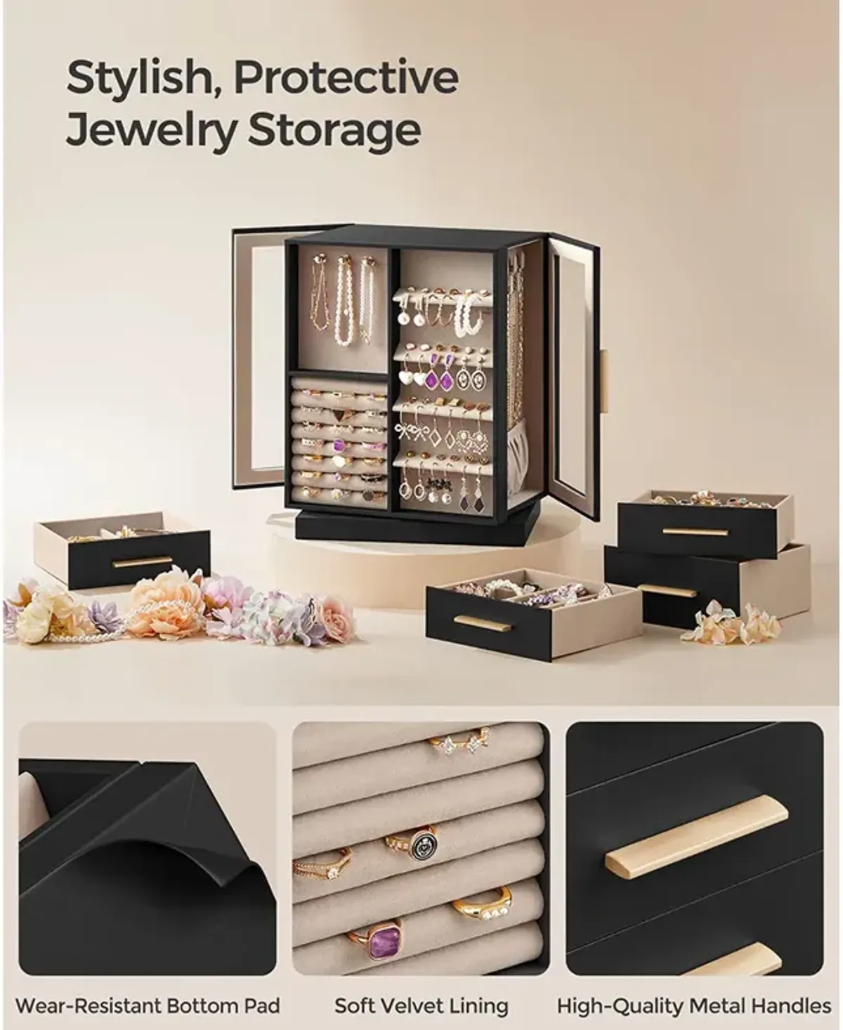 360° Rotating Jewelry Box with Multi-Layer Storage and Elegant Design