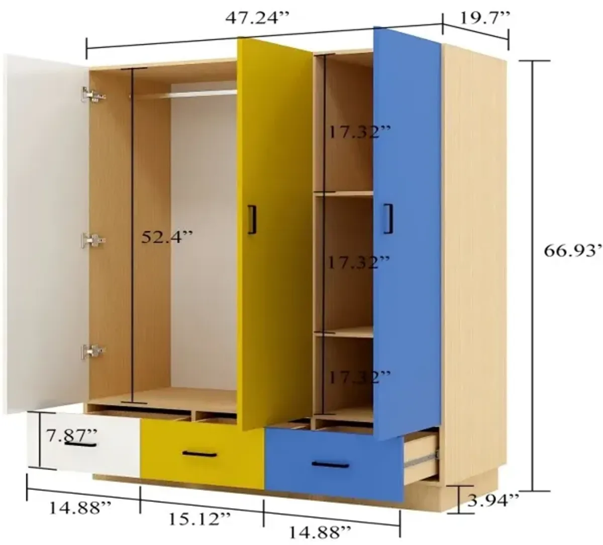 Tall Armoire Wardrobe Closet, Bedroom Armoires with Hanging Rod,3 Color Doors and 3 Storage Cabinets, Wardrobe Closet with 3 Drawers for Bedroom