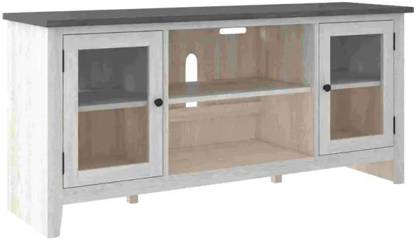 60 Inch TV Entertainment Console, 2 Glass Doors, Farmhouse, White, Gray-Benzara