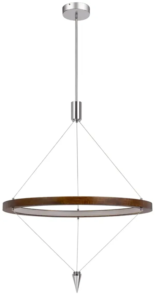Erbo 11 Inch Pendant Light Fixture, Dimmable LED, Pine Wood and Chrome - Benzara