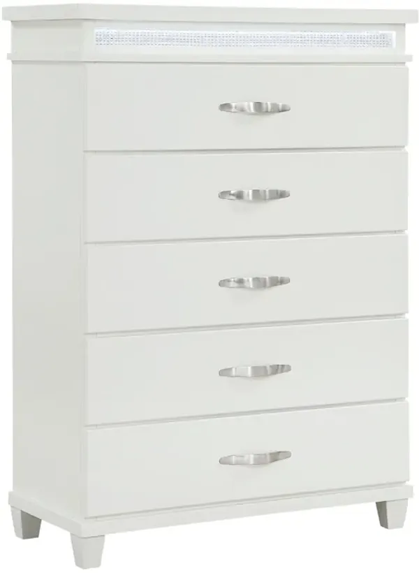 Jisy Tall Dresser Chest, 5 Drawer Chrome Bar Handles, LED Lit, White - Benzara
