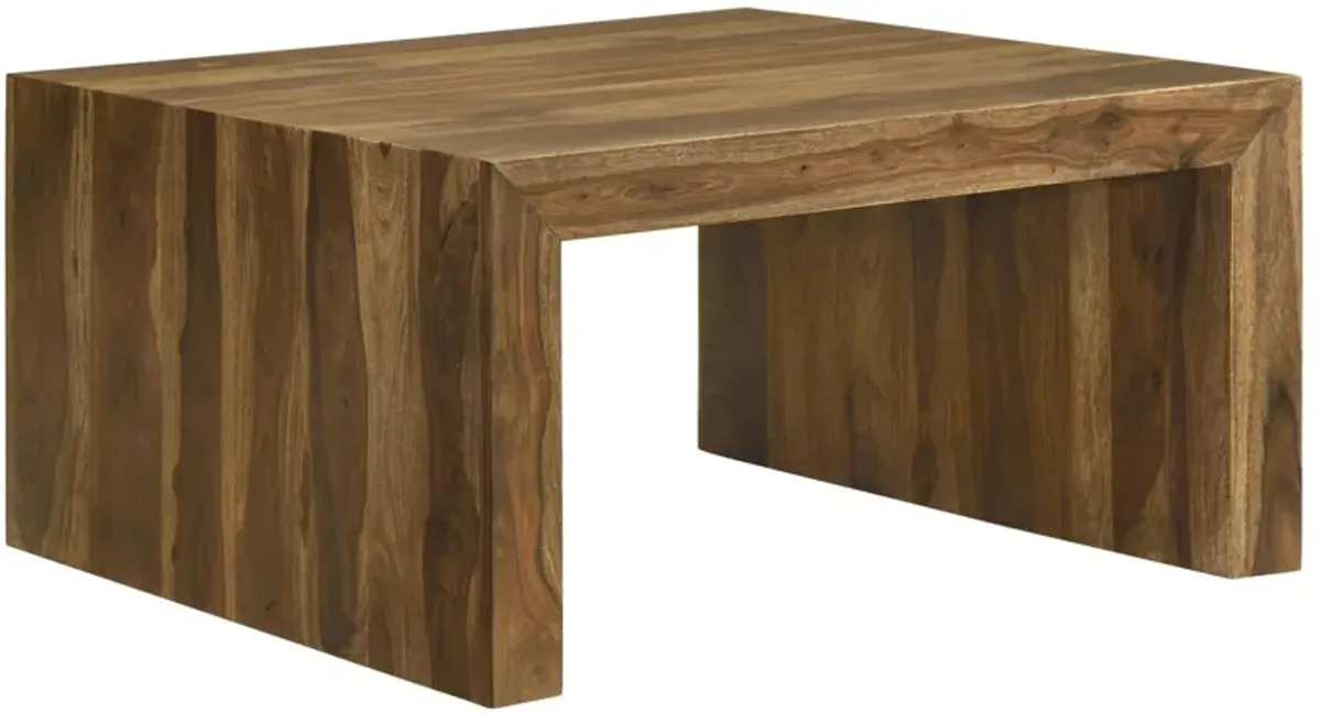 Benjara ODY 34 Inch Square Coffee Table, U Shaped, Sheesham Wood, Auburn Brown