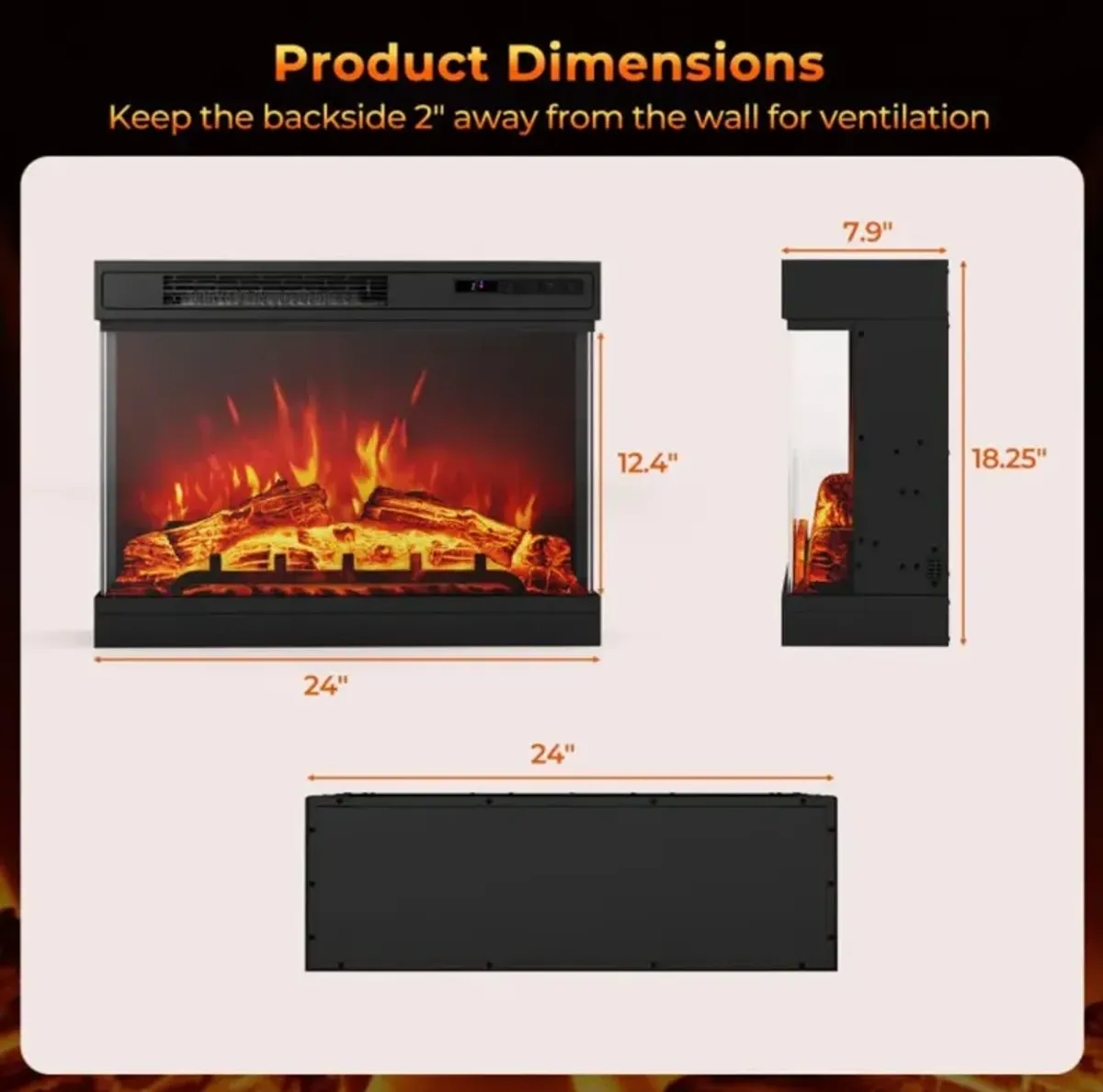 Hivvago 24 Inches 3-Sided Glass Electric Fireplace Heater with Remote Control