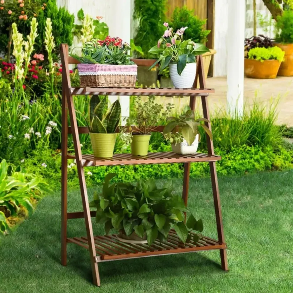 Hivvago 3-tier Folding Bamboo Flower Shelf