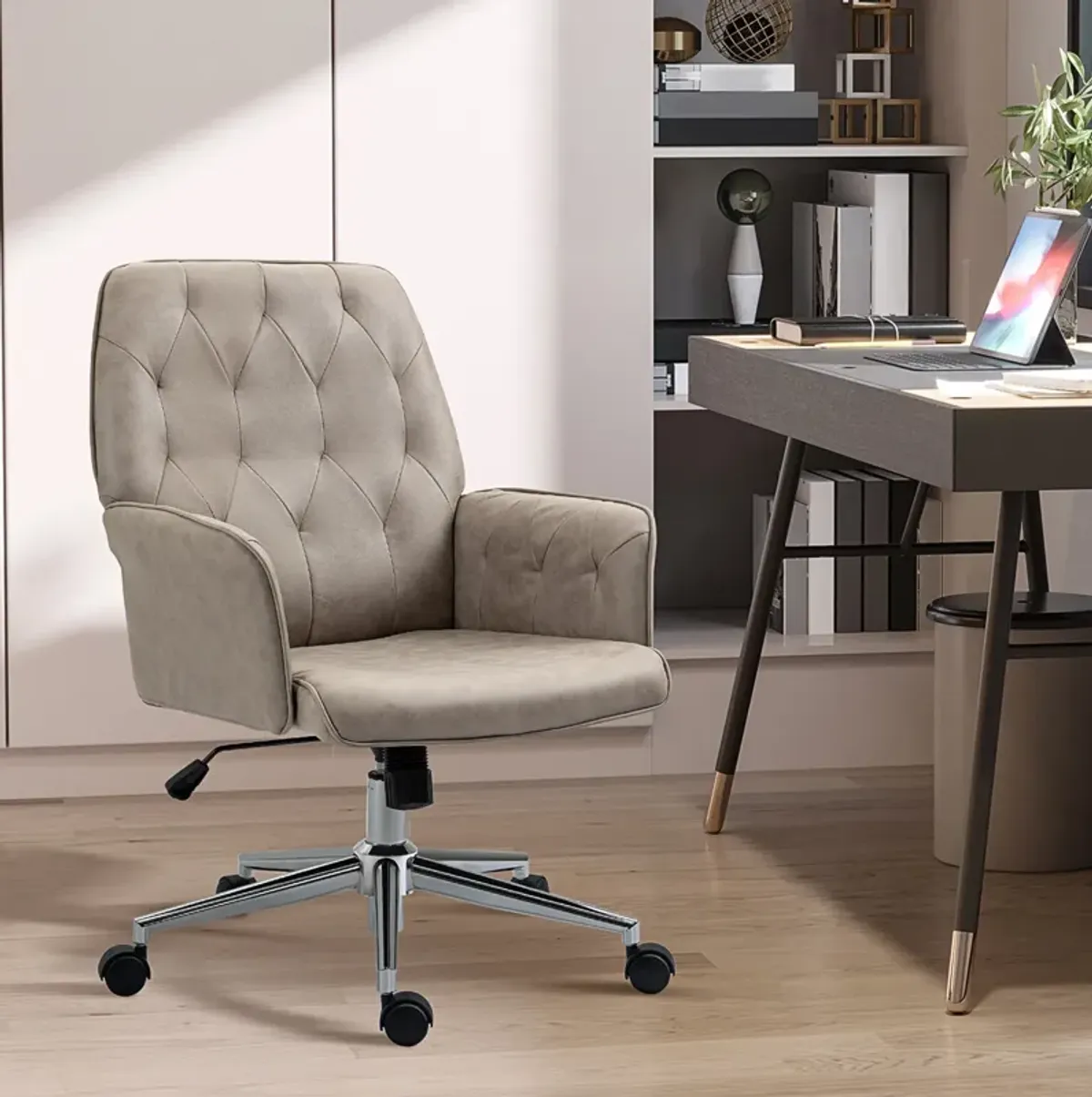 Light Grey Task Seater: Swivel Mid-Back Tufted Linen Desk Chair