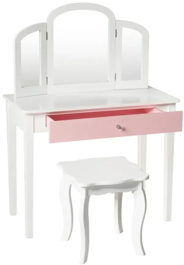 Kids Princess Make Up Dressing Table with Tri-folding Mirror and Chair