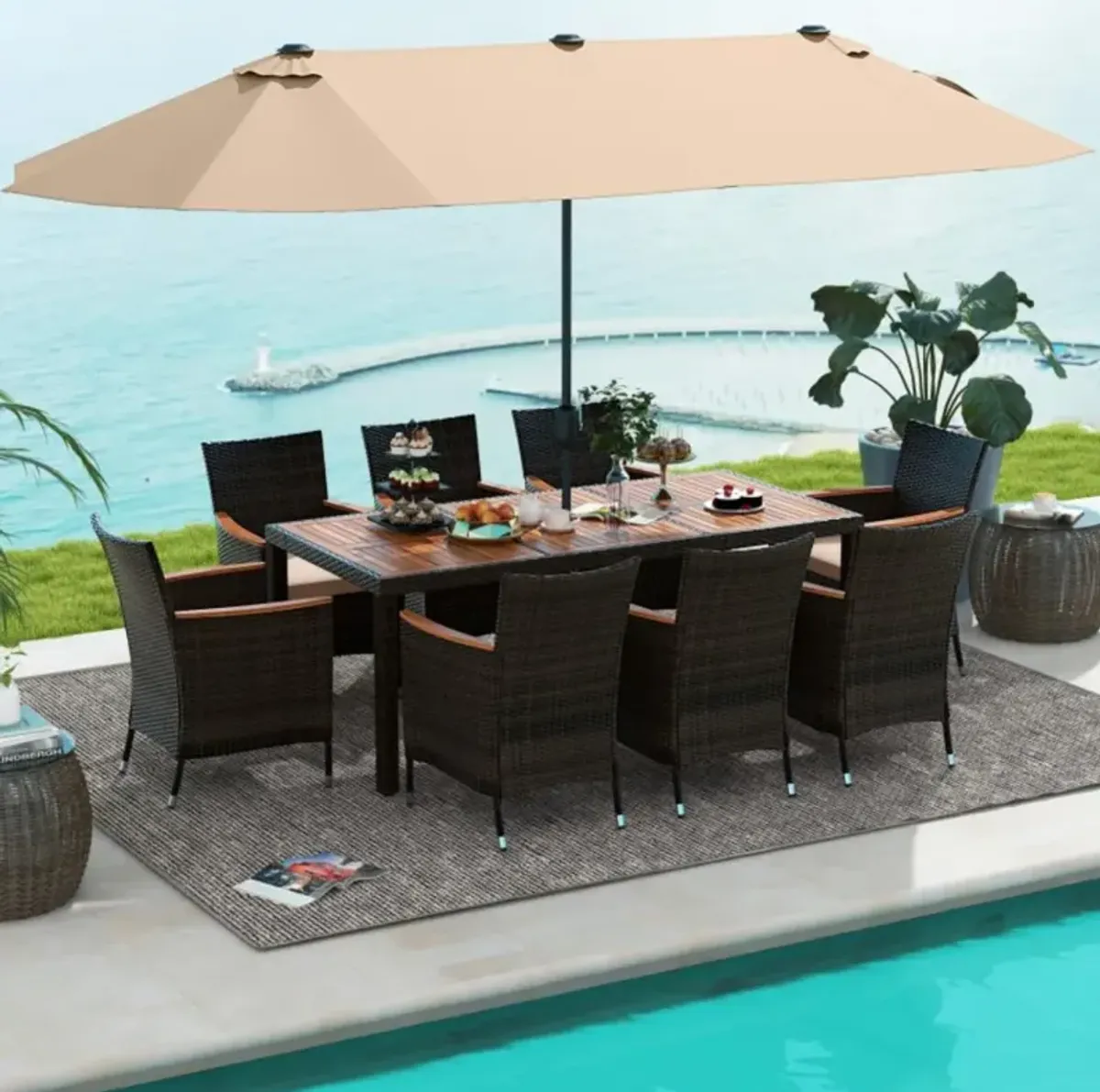 Hivvago 10 Piece Outdoor Dining Set with 15 Feet Double-Sided Twin Patio Umbrella