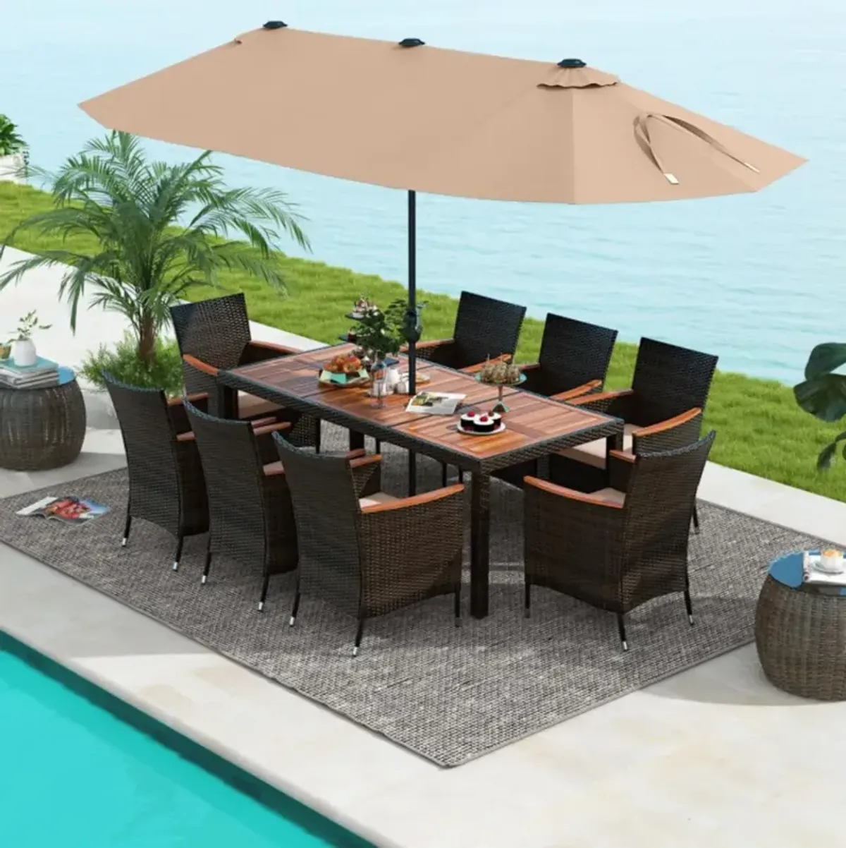 Hivvago 10 Piece Outdoor Dining Set with 15 Feet Double-Sided Twin Patio Umbrella