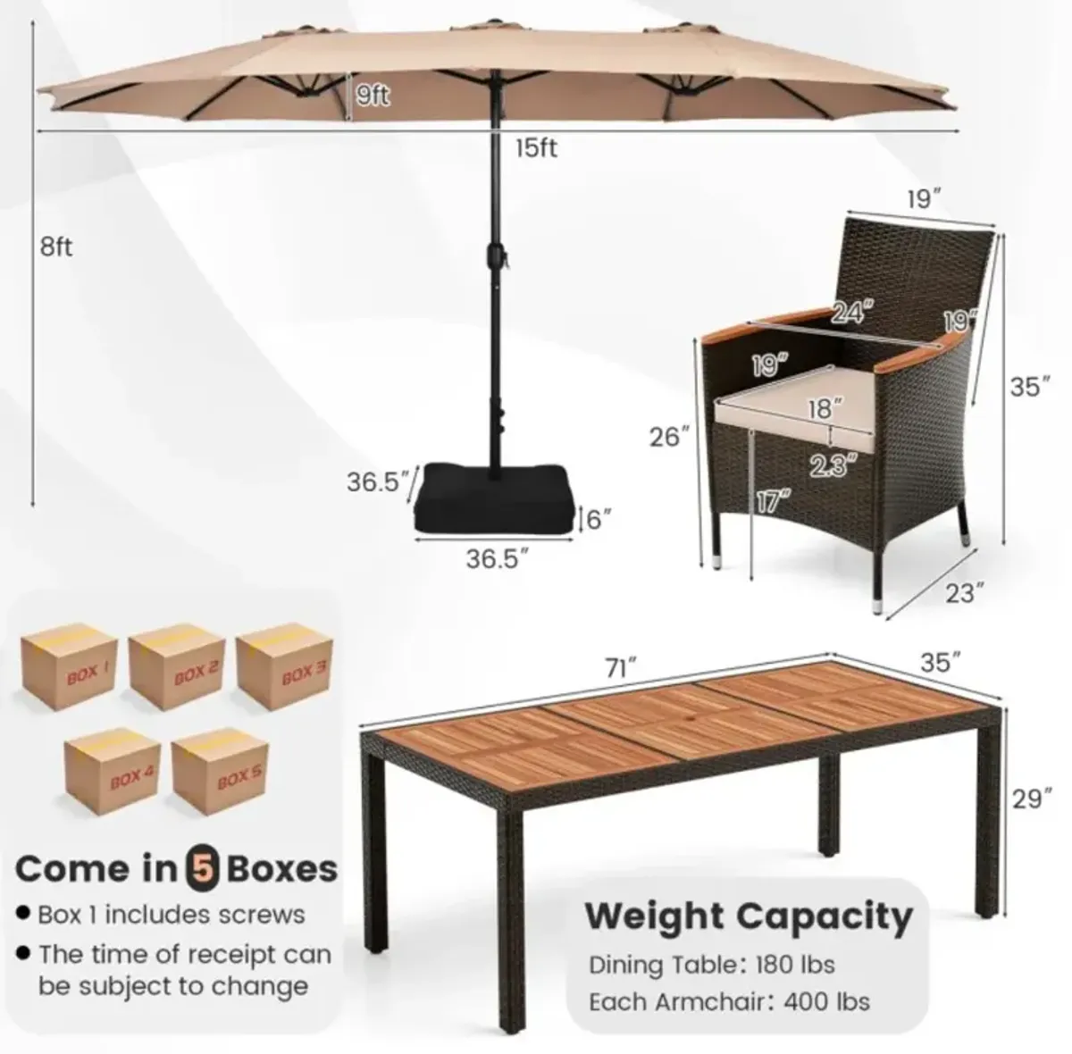 Hivvago 10 Piece Outdoor Dining Set with 15 Feet Double-Sided Twin Patio Umbrella