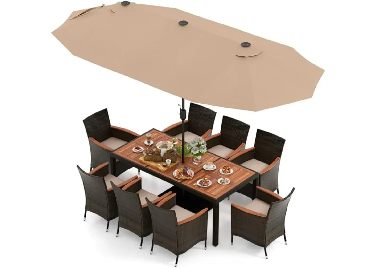 Hivvago 10 Piece Outdoor Dining Set with 15 Feet Double-Sided Twin Patio Umbrella