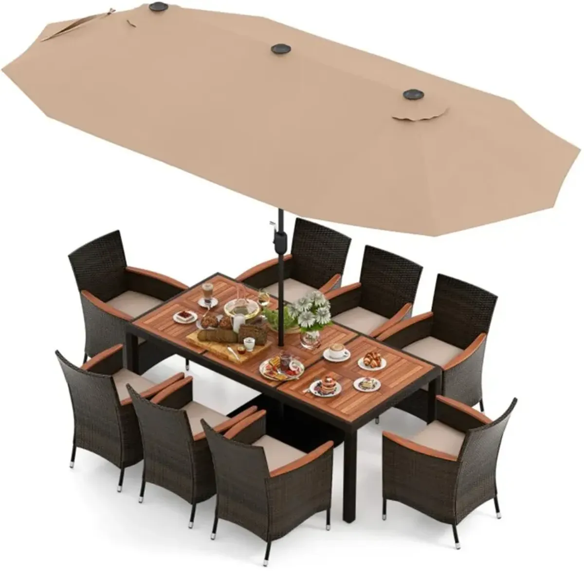 Hivvago 10 Piece Outdoor Dining Set with 15 Feet Double-Sided Twin Patio Umbrella