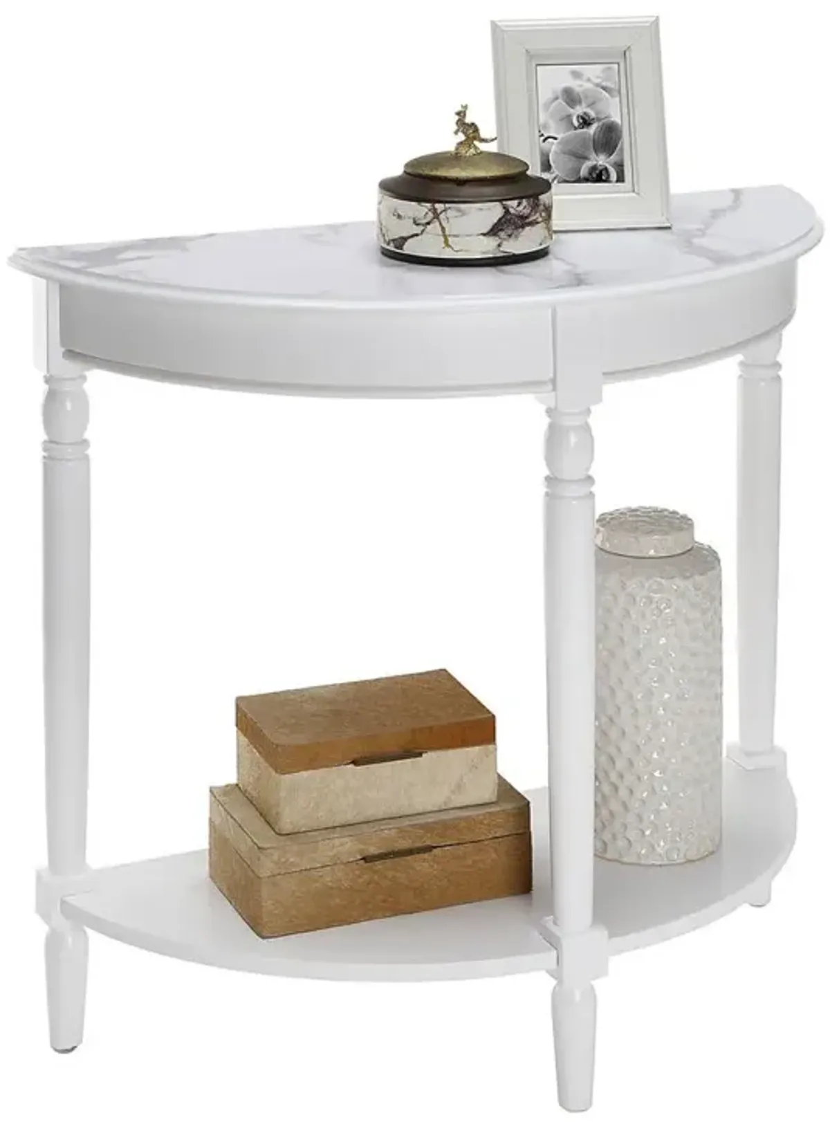 Convenience Concepts French Country Half-Round Entryway Table with Shelf, White Faux Marble/White