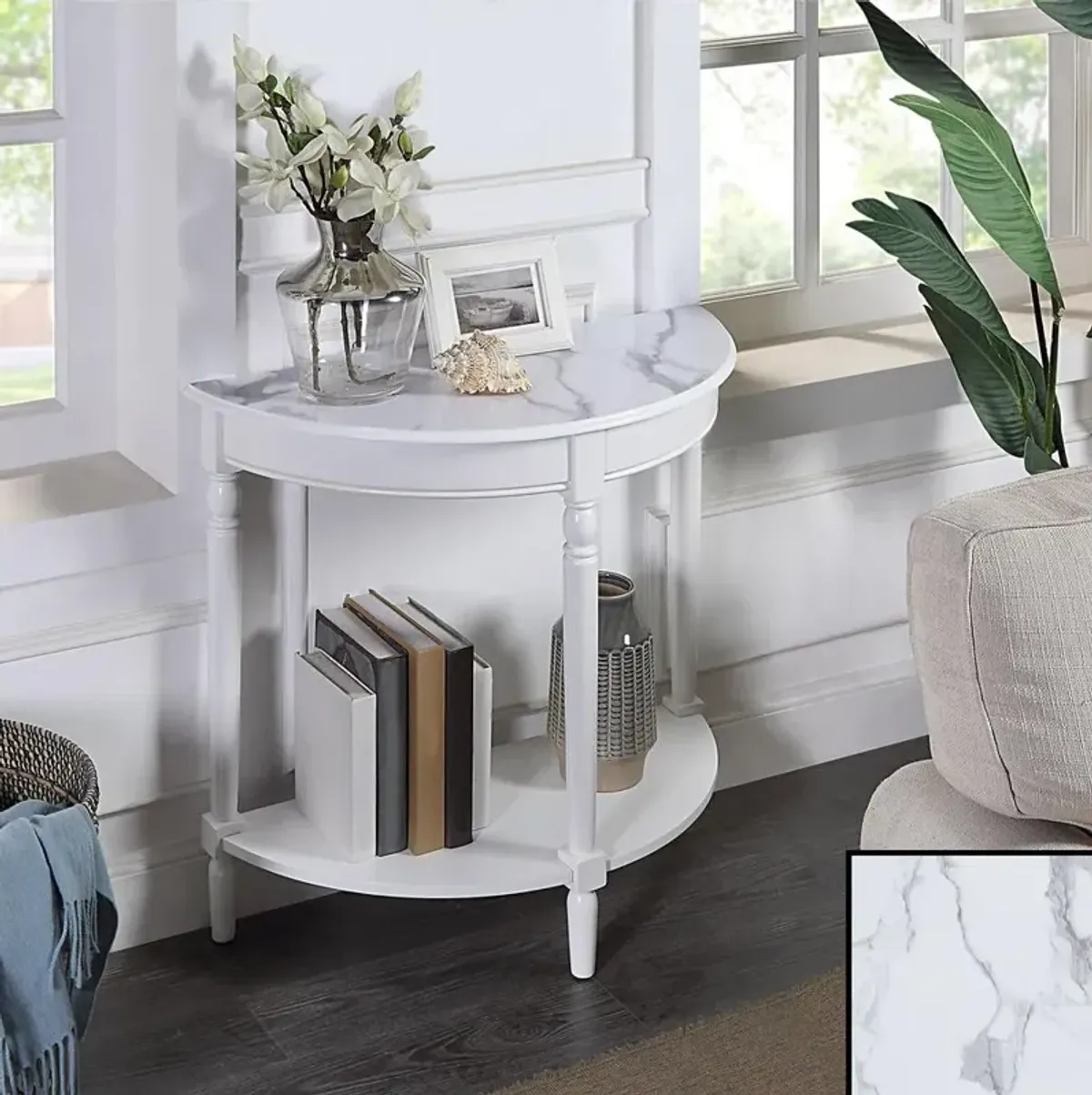 Convenience Concepts French Country Half-Round Entryway Table with Shelf, White Faux Marble/White