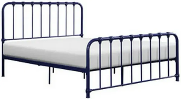 Ethan Queen Size Bed, Classic Open Slatted Metal Frame Design, Blue - Benzara