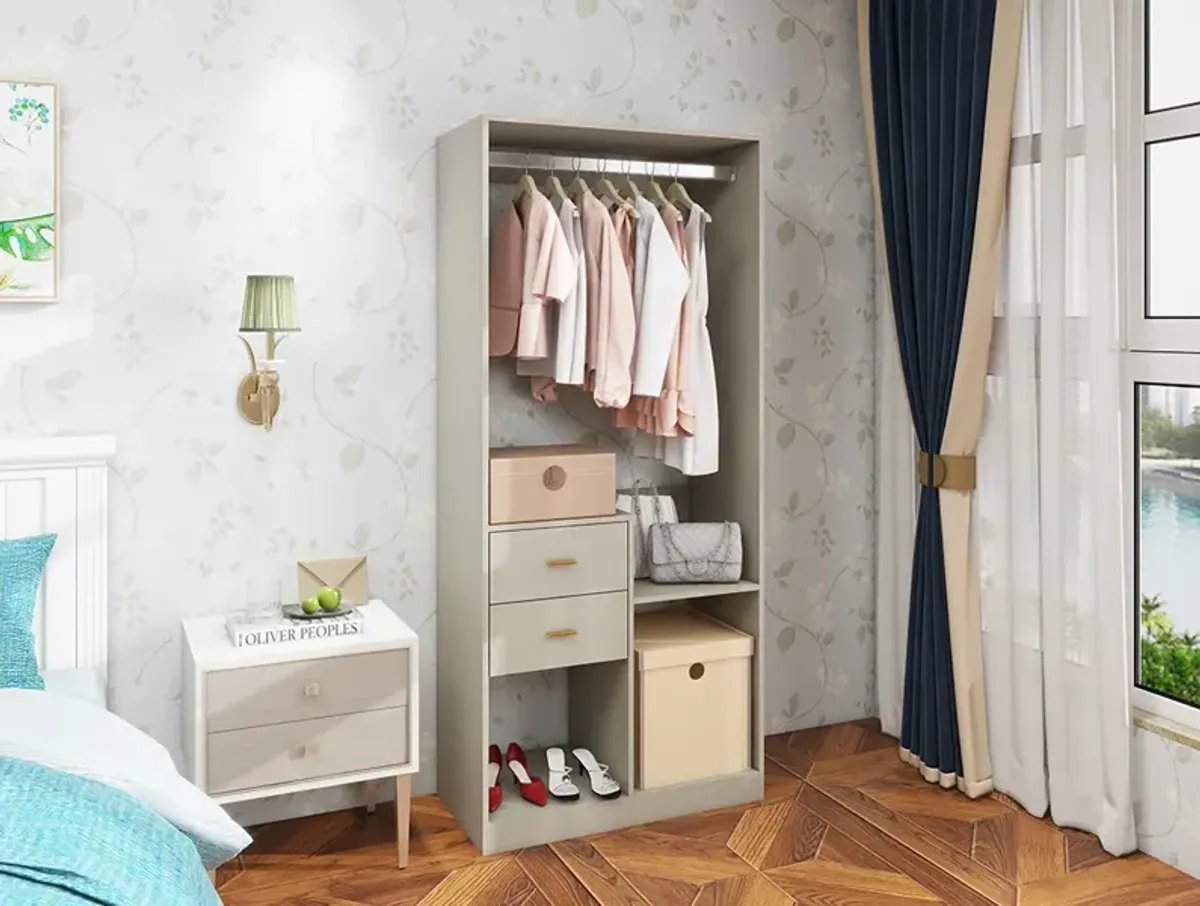 Closet Organizer System, Walk in Closet Organizers and Storage with Hanging Rod, Wooden Wardrobe Closet System with Drawers, Clothes Organizer with Closet Shelves Wall Mounted, Grey