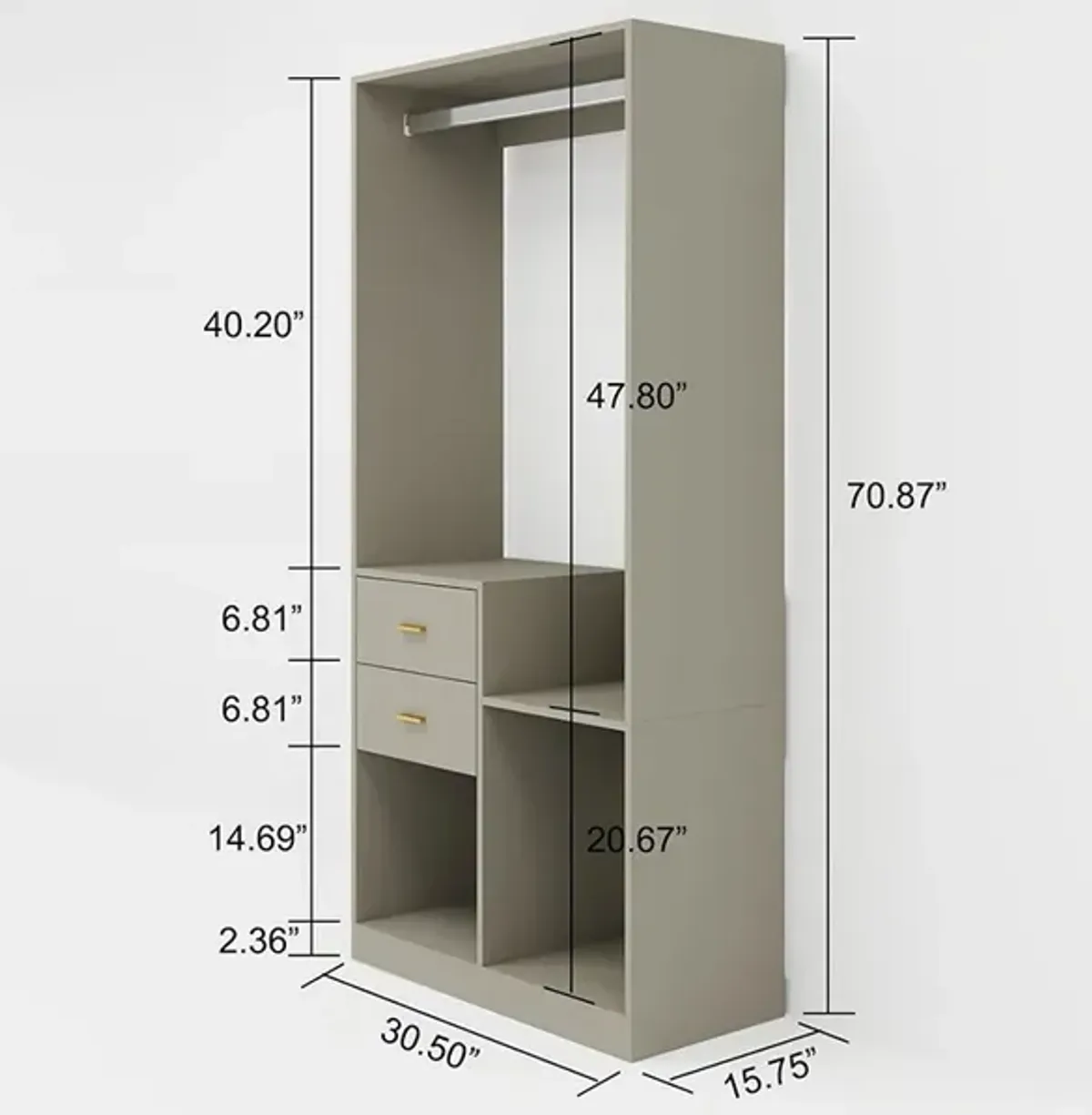 Closet Organizer System, Walk in Closet Organizers and Storage with Hanging Rod, Wooden Wardrobe Closet System with Drawers, Clothes Organizer with Closet Shelves Wall Mounted, Grey