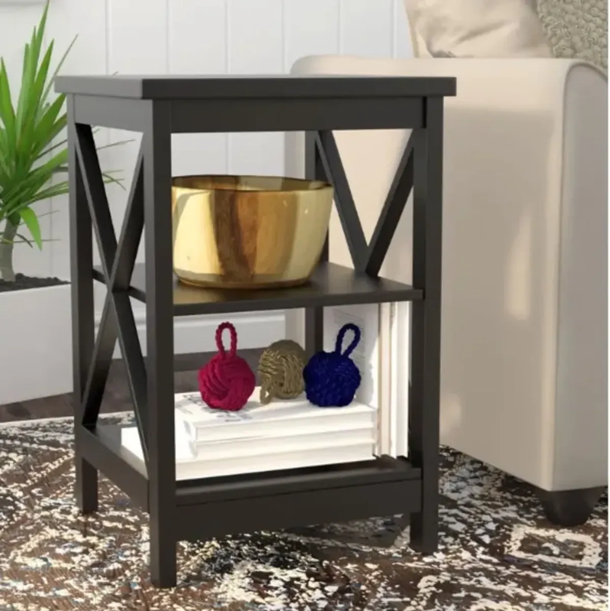 Hivvago Black Wood X-Design End Table Nightstand with 3 Open Shelves